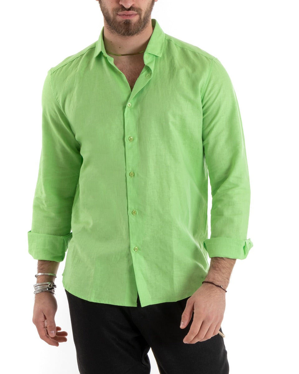 Men's Shirt With Collar Solid Color Acid Green Linen Long Sleeve Casual Tailored GIOSAL-C2719A