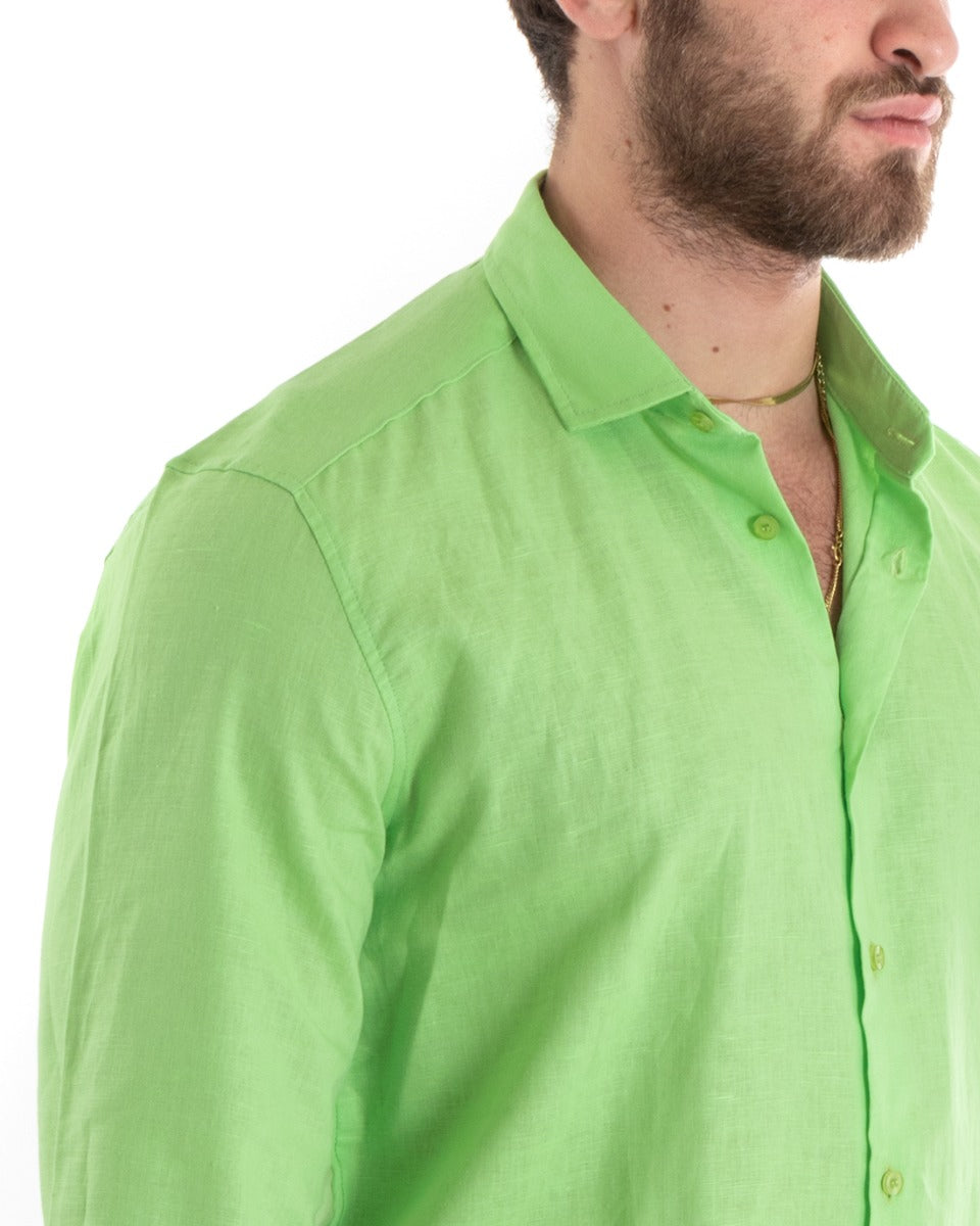 Men's Shirt With Collar Solid Color Acid Green Linen Long Sleeve Casual Tailored GIOSAL-C2719A