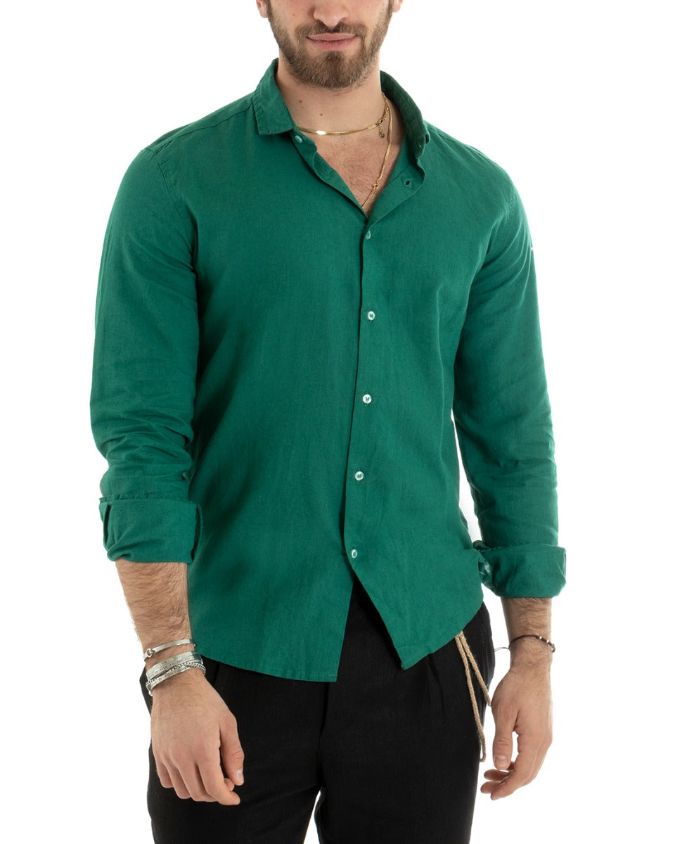 Men's Shirt With Collar Solid Color Petrol Linen Long Sleeve Casual Tailored GIOSAL-C2720A