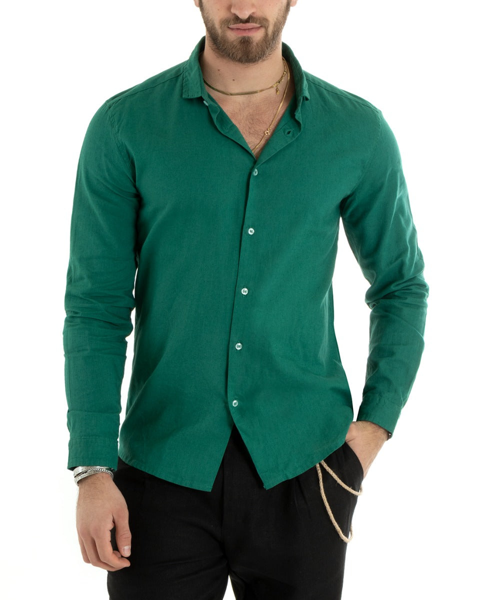 Camicia Uomo Con Colletto Tinta Unita Verde Lino Manica Lunga Casual Sartoriale GIOSAL-C2720A