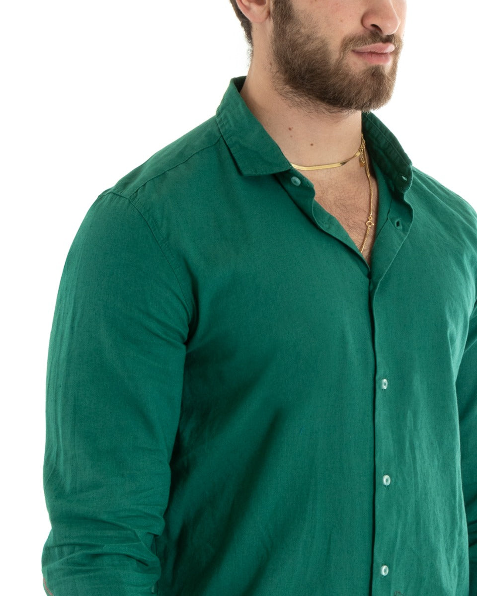 Camicia Uomo Con Colletto Tinta Unita Verde Lino Manica Lunga Casual Sartoriale GIOSAL-C2720A