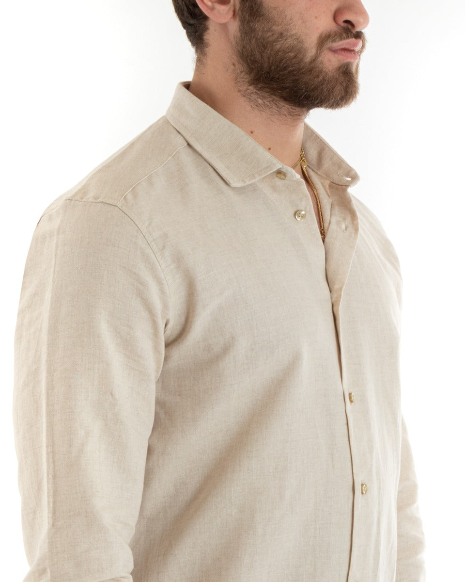 Men's Shirt With Collar Solid Color Beige Linen Long Sleeve Casual Tailored GIOSAL-C2722A