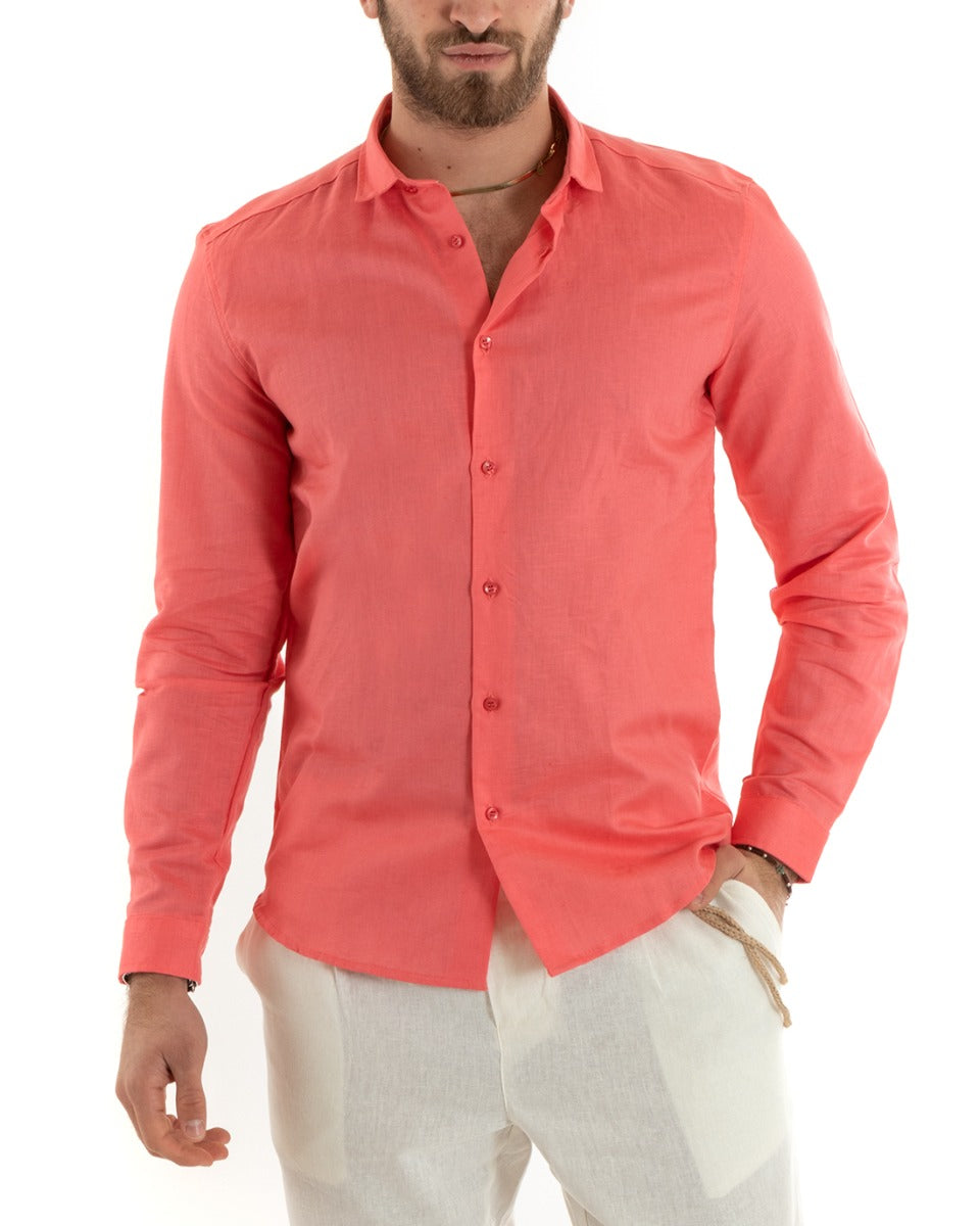 Men's Shirt With Collar Solid Color Coral Linen Long Sleeve Casual Tailored GIOSAL-C2724A
