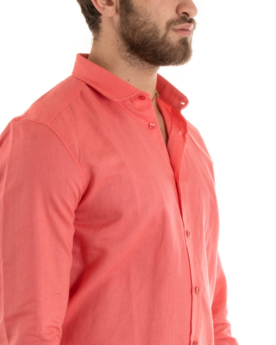 Camicia Uomo Con Colletto Tinta Unita Corallo Lino Manica Lunga Casual Sartoriale GIOSAL-C2724A