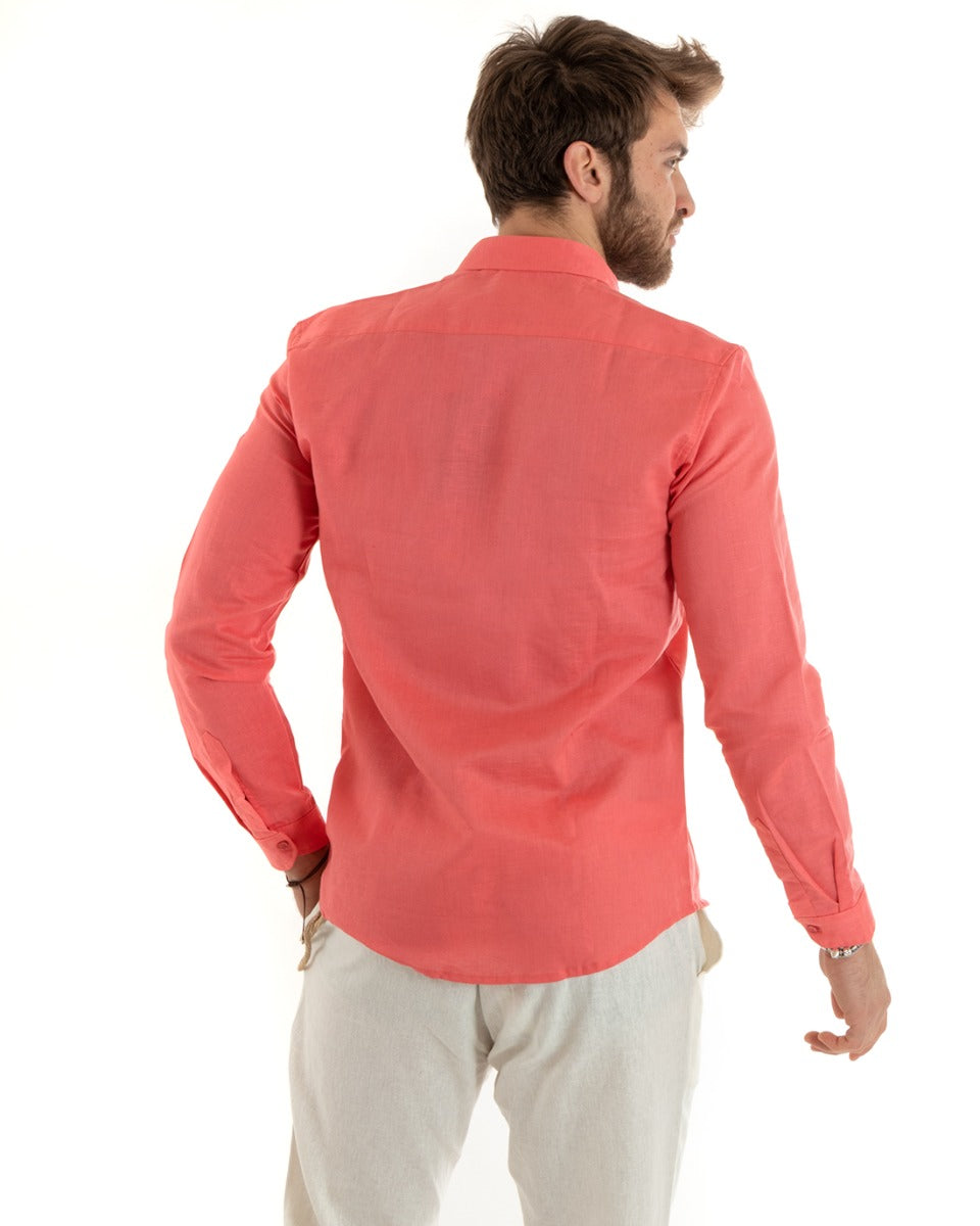 Camicia Uomo Con Colletto Tinta Unita Corallo Lino Manica Lunga Casual Sartoriale GIOSAL-C2724A