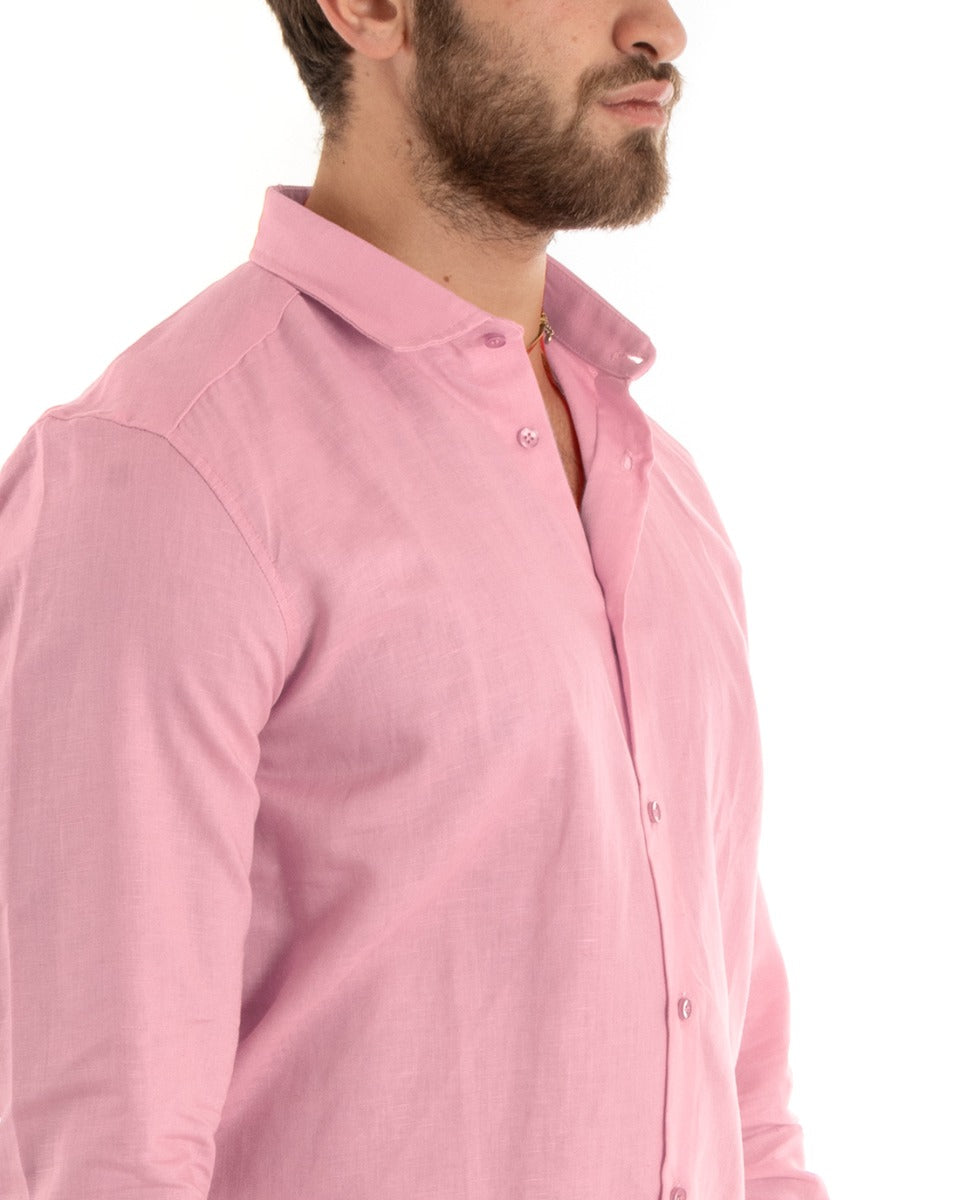 Camicia Uomo Con Colletto Tinta Unita Rosa Lino Manica Lunga Casual Sartoriale GIOSAL-C2725A