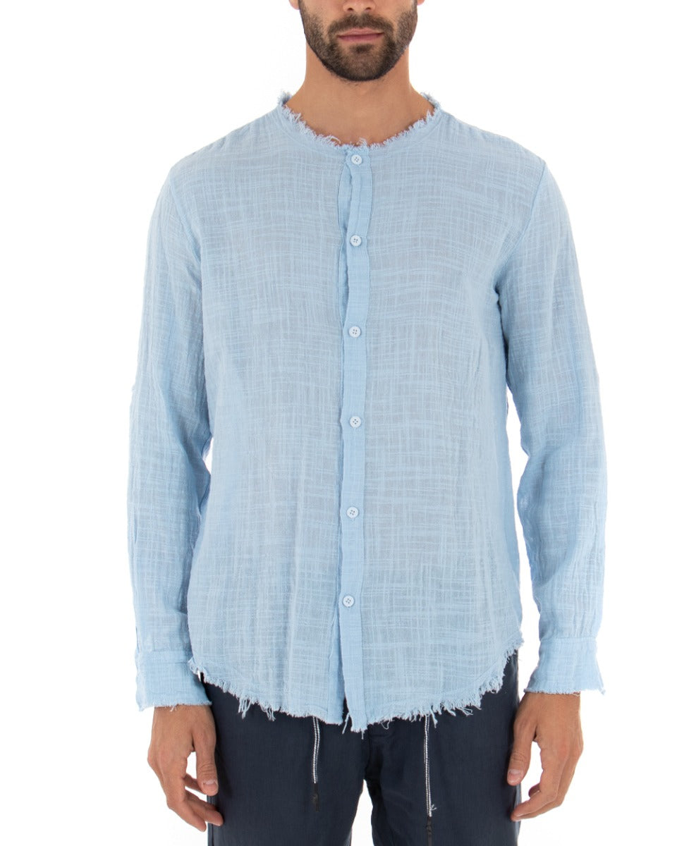 Men's Shirt Solid Color Light Blue Long Sleeve Casual Cotton Linen GIOSAL-C2728A