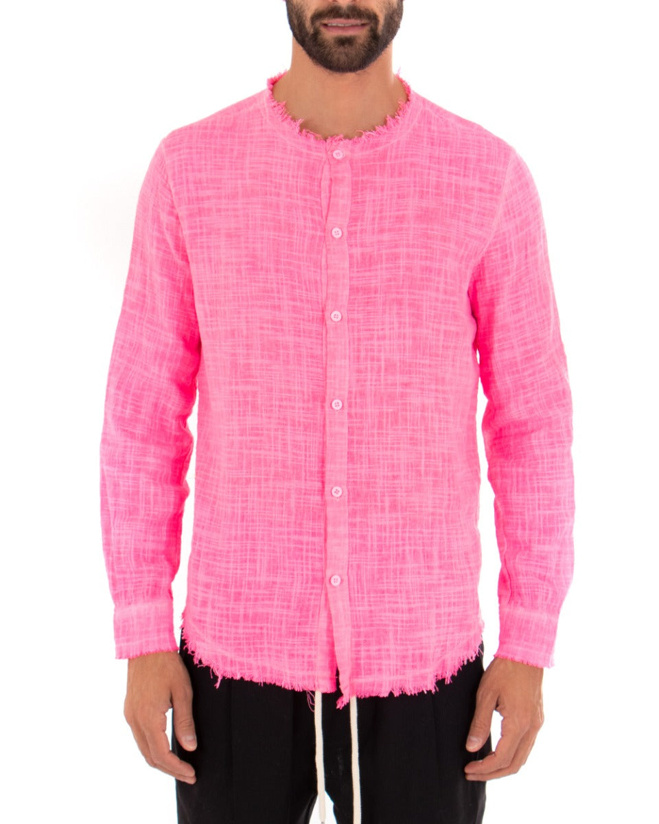 Men's Shirt Solid Color Fuchsia Fluo Long Sleeve Casual Cotton Linen GIOSAL-C2735A
