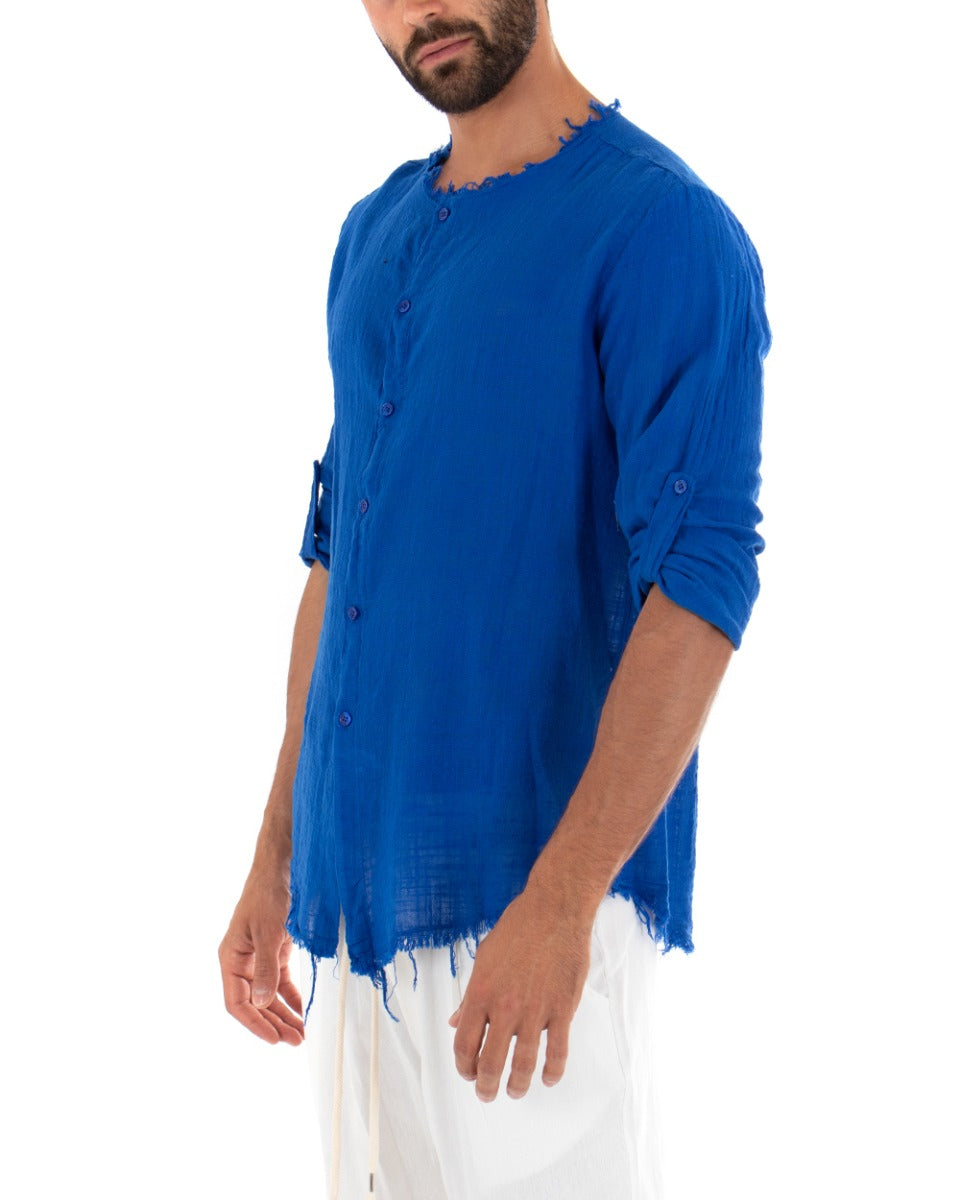 Camicia Uomo Sfrangiata Tinta Unita Blu Royal Manica Lunga Casual Cotone Lino GIOSAL-C2736A