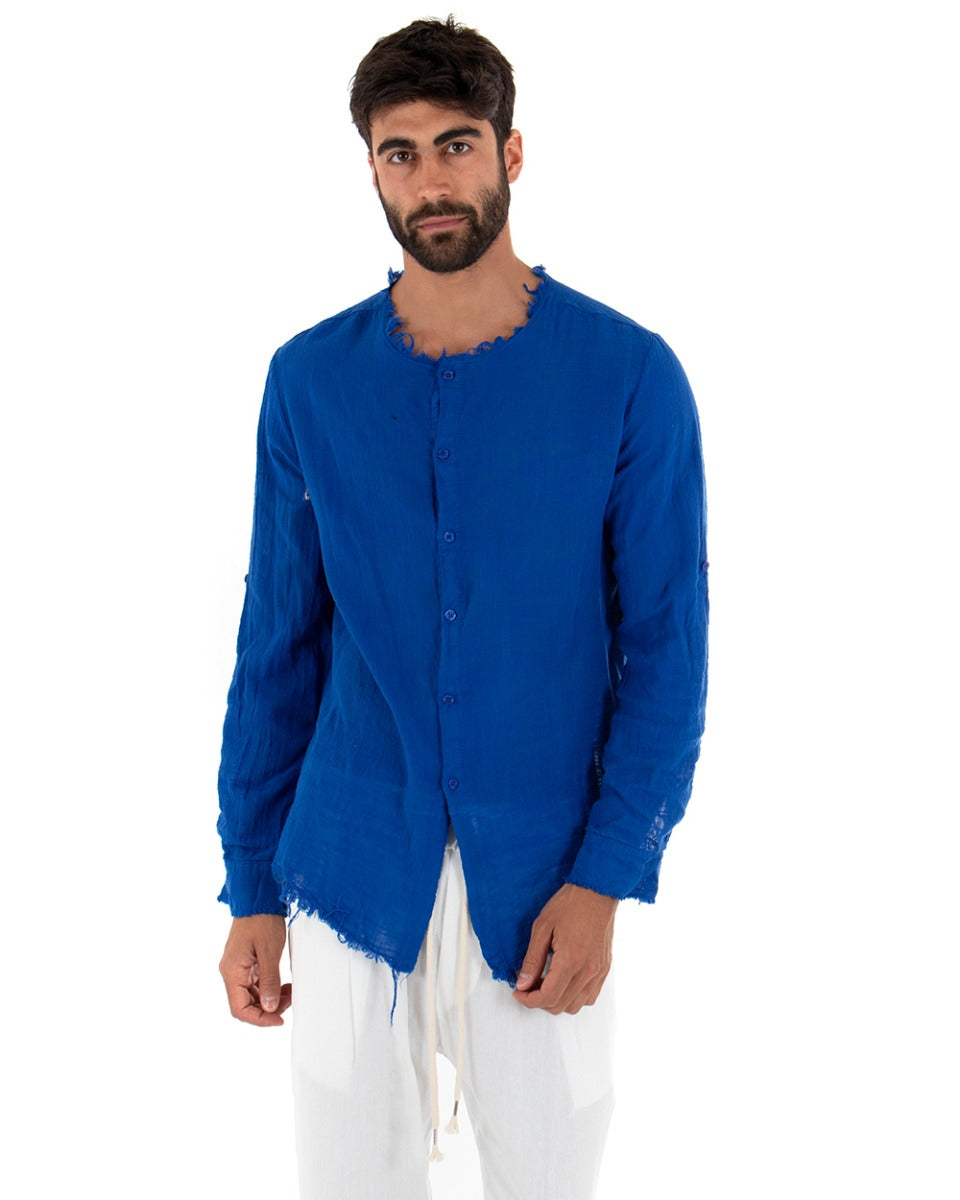 Camicia Uomo Sfrangiata Tinta Unita Blu Royal Manica Lunga Casual Cotone Lino GIOSAL-C2736A