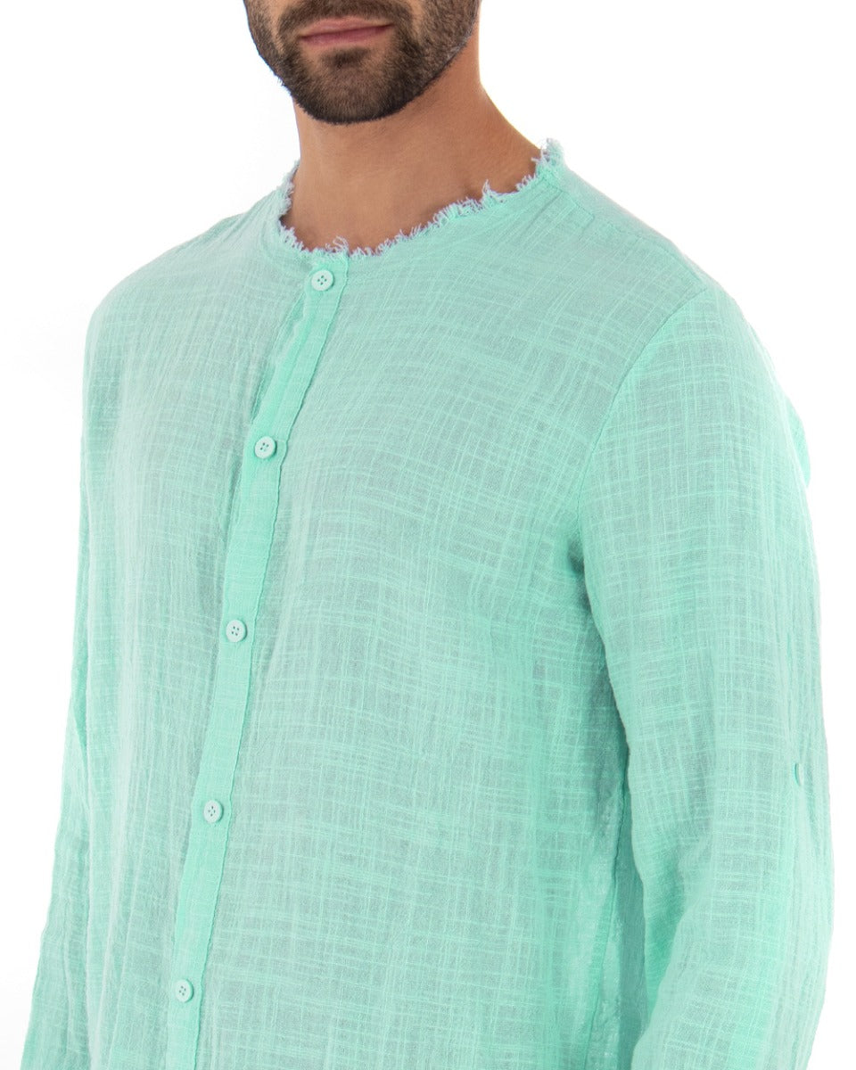 Camicia Uomo Sfrangiata Tinta Unita Verde Acqua Manica Lunga Casual Cotone Lino GIOSAL-C2737A