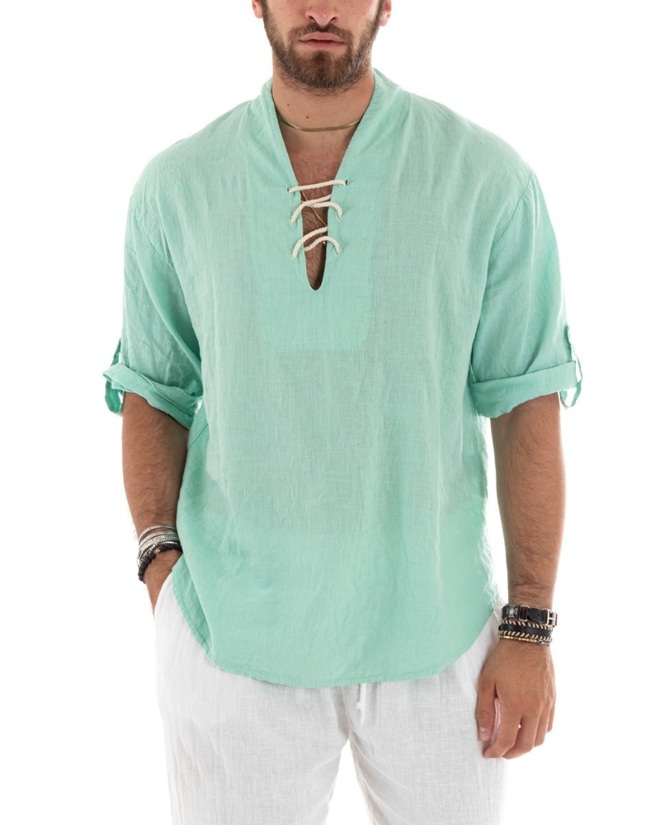 Men's Solid Color Linen Shirt Tunic 3/4 Sleeve V-Neck with Laces Water Green Casual GIOSAL-C2738A