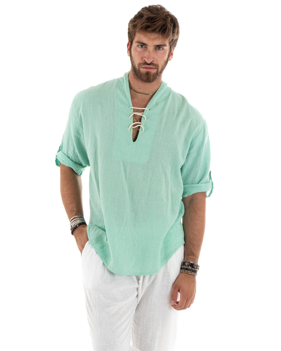 Men's Solid Color Linen Shirt Tunic 3/4 Sleeve V-Neck with Laces Water Green Casual GIOSAL-C2738A