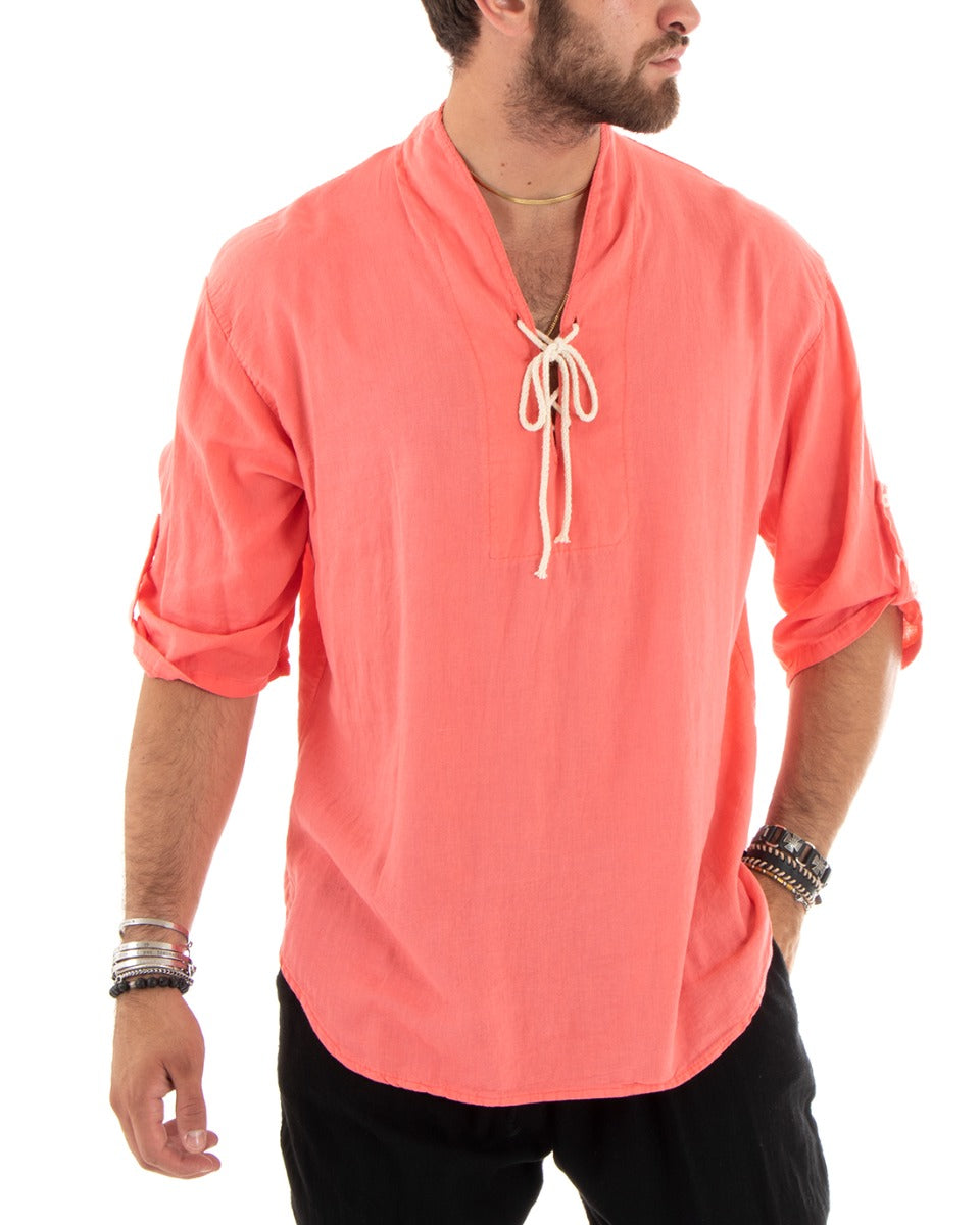 Men's Linen Shirt Solid Color Tunic 3/4 Sleeve V-Neck with Laces Casual Coral GIOSAL-C2739A