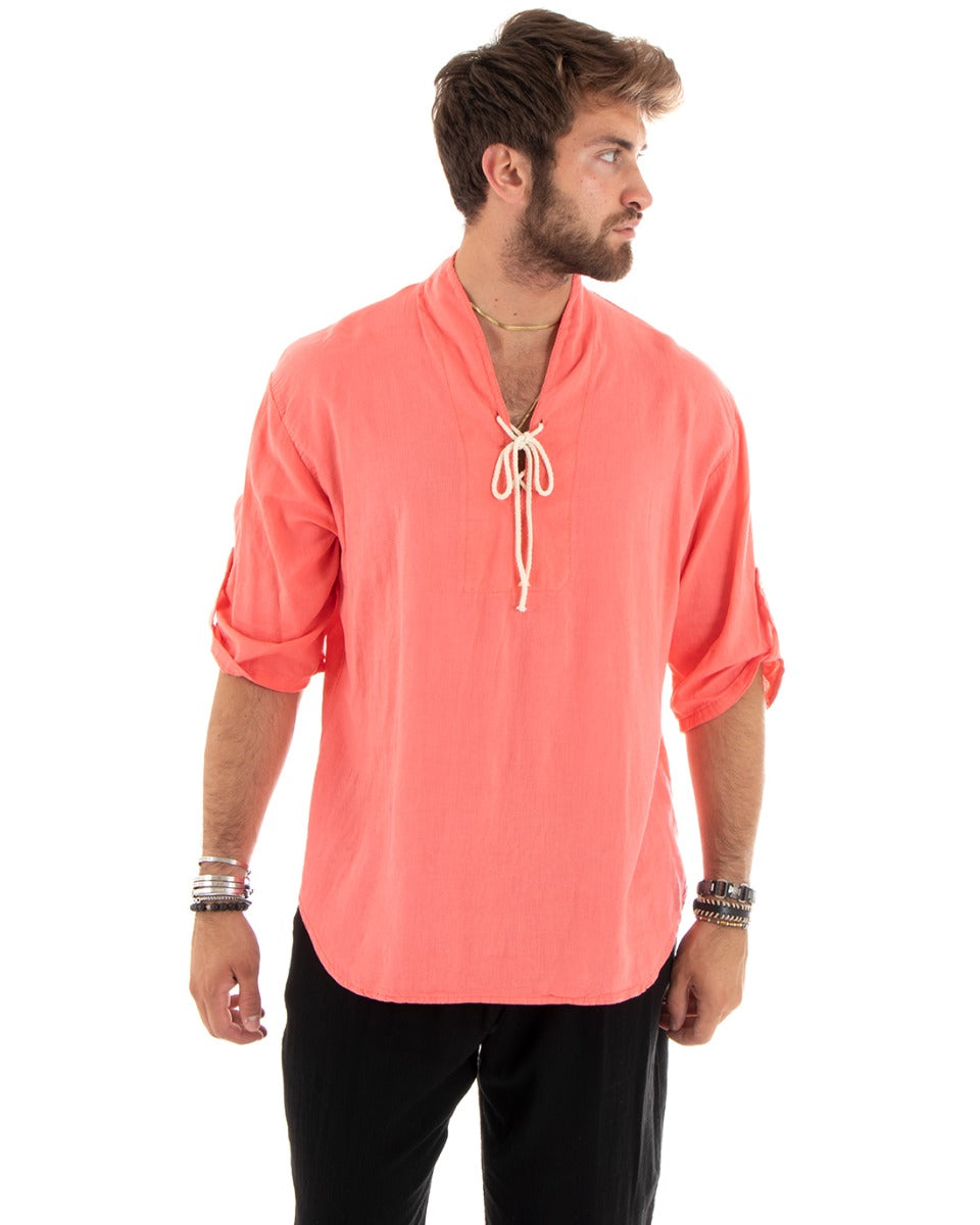 Men's Linen Shirt Solid Color Tunic 3/4 Sleeve V-Neck with Laces Casual Coral GIOSAL-C2739A