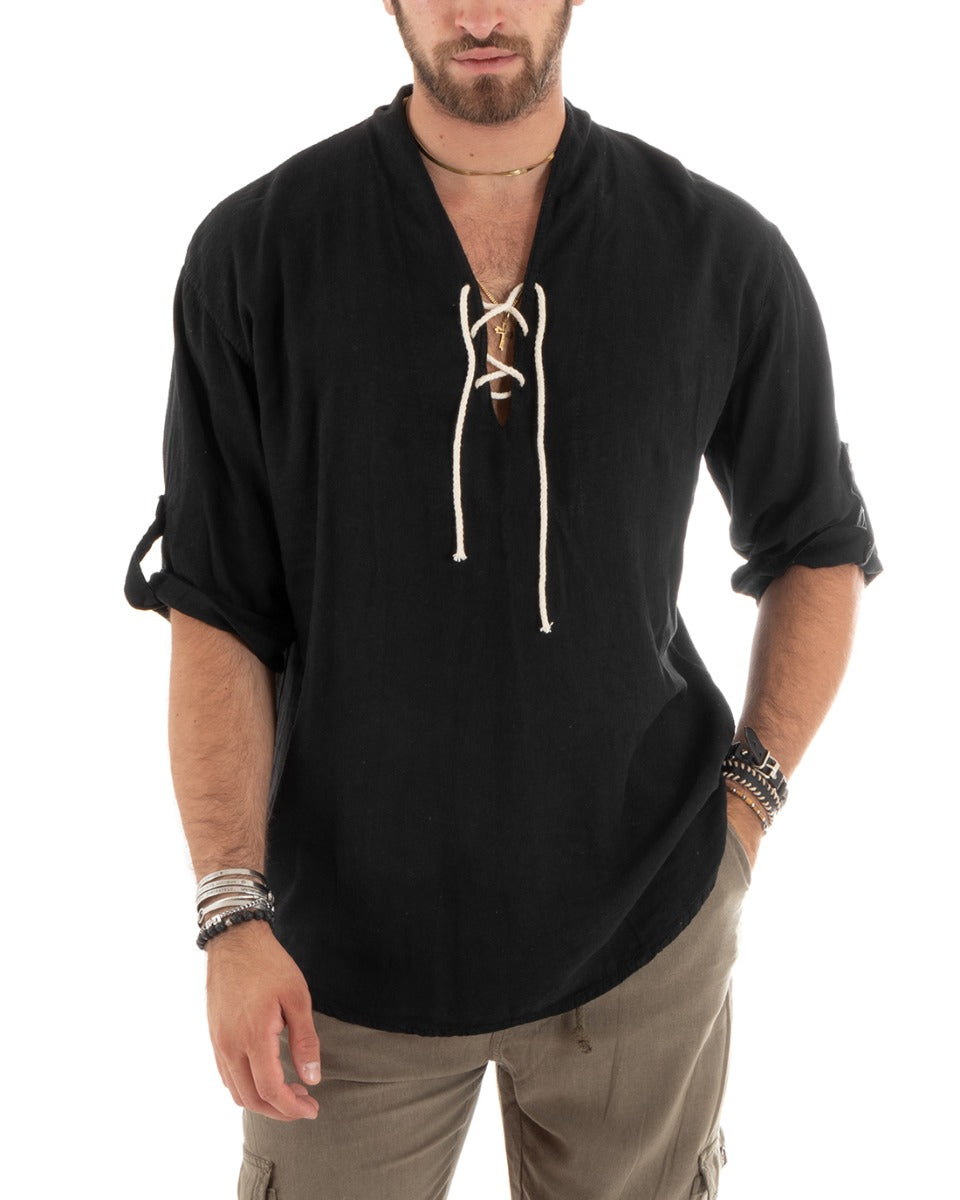 Men's Linen Shirt Solid Color Tunic 3/4 Sleeve V-Neck with Laces Black Casual GIOSAL-C2742A