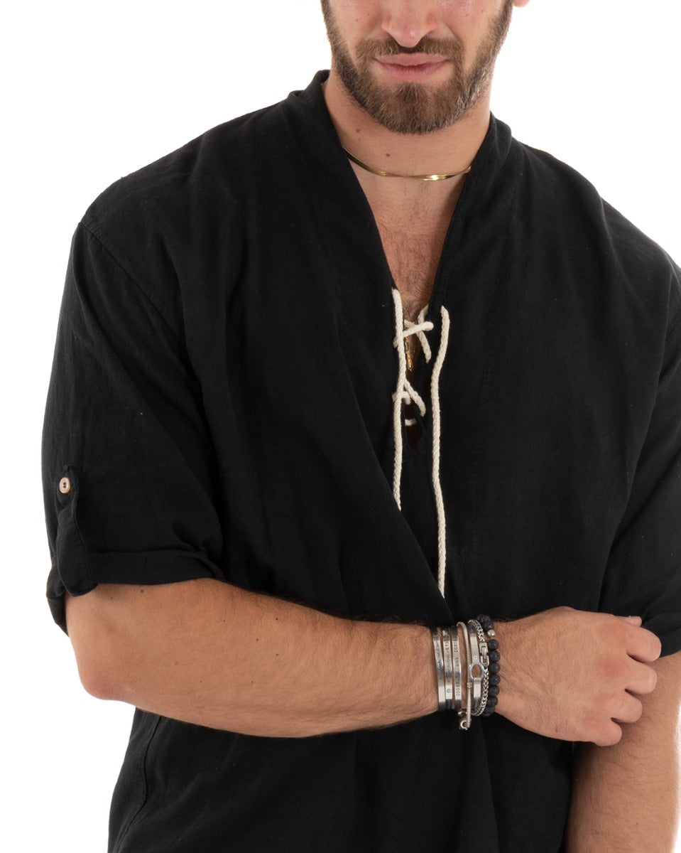 Men's Linen Shirt Solid Color Tunic 3/4 Sleeve V-Neck with Laces Black Casual GIOSAL-C2742A