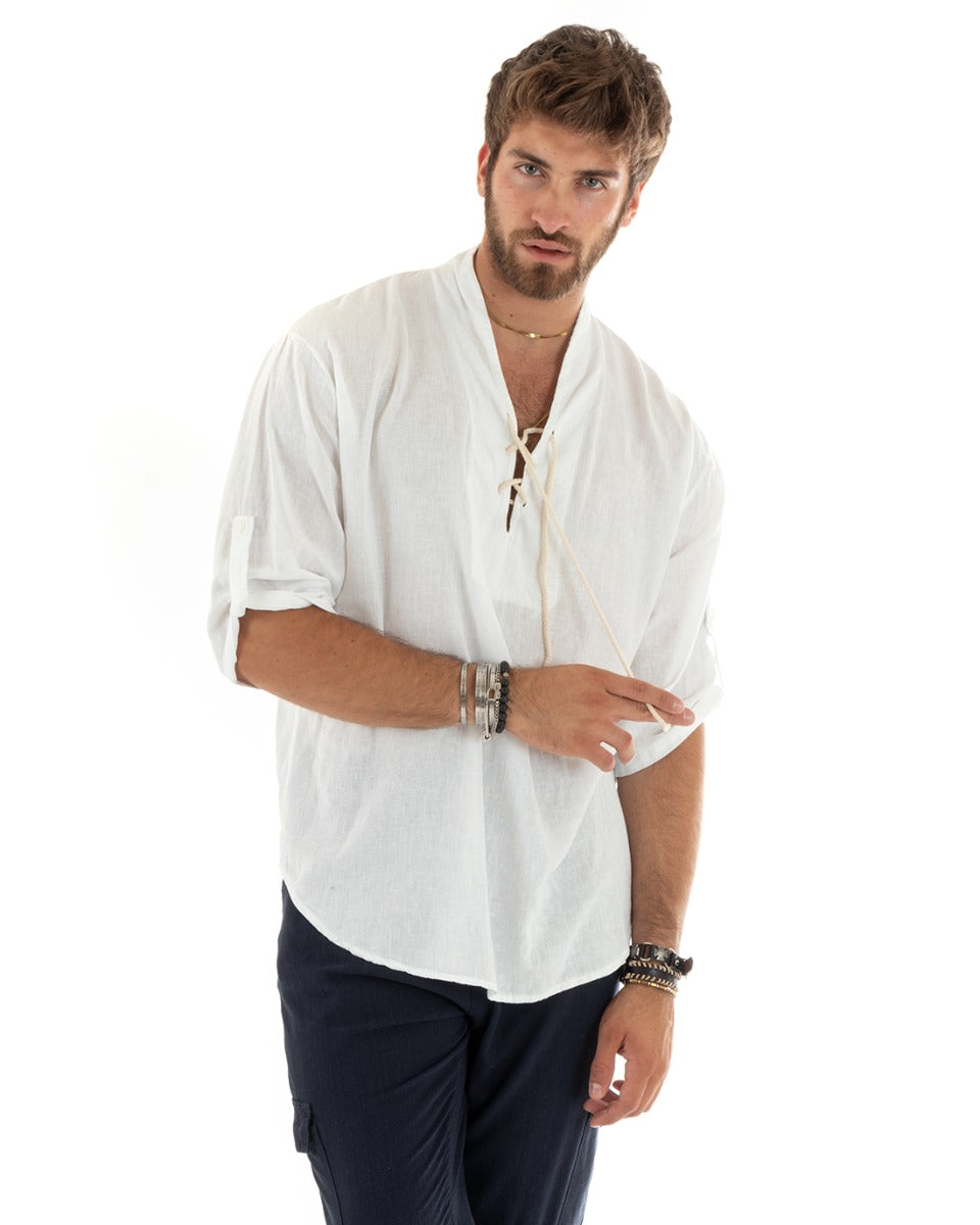 Men's Linen Shirt Solid Color Tunic 3/4 Sleeve V-Neck with Laces White Casual GIOSAL-C2743A
