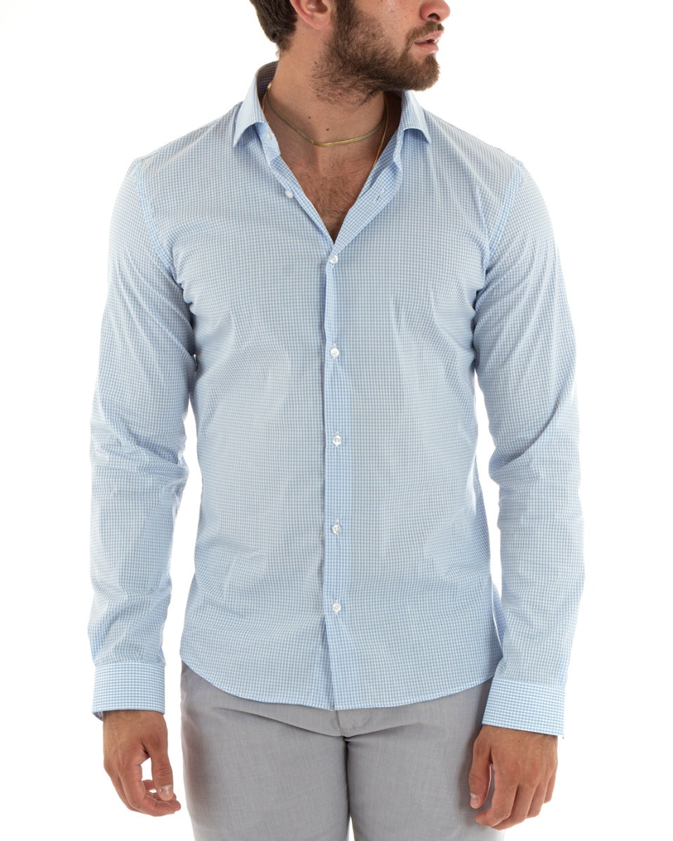 Men's Shirt With French Collar Long Sleeve Checkered Light Blue GIOSAL-C2746A