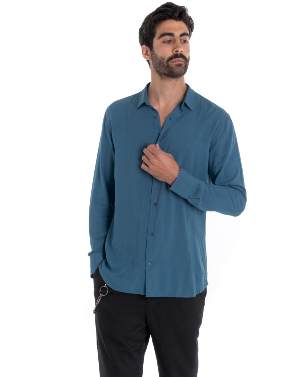Men's Tailored Shirt With Collar Long Sleeves Basic Soft Viscose Teal GIOSAL-C2747A