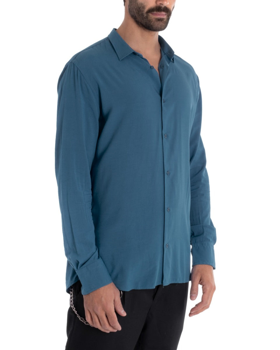 Men's Tailored Shirt With Collar Long Sleeves Basic Soft Viscose Teal GIOSAL-C2747A