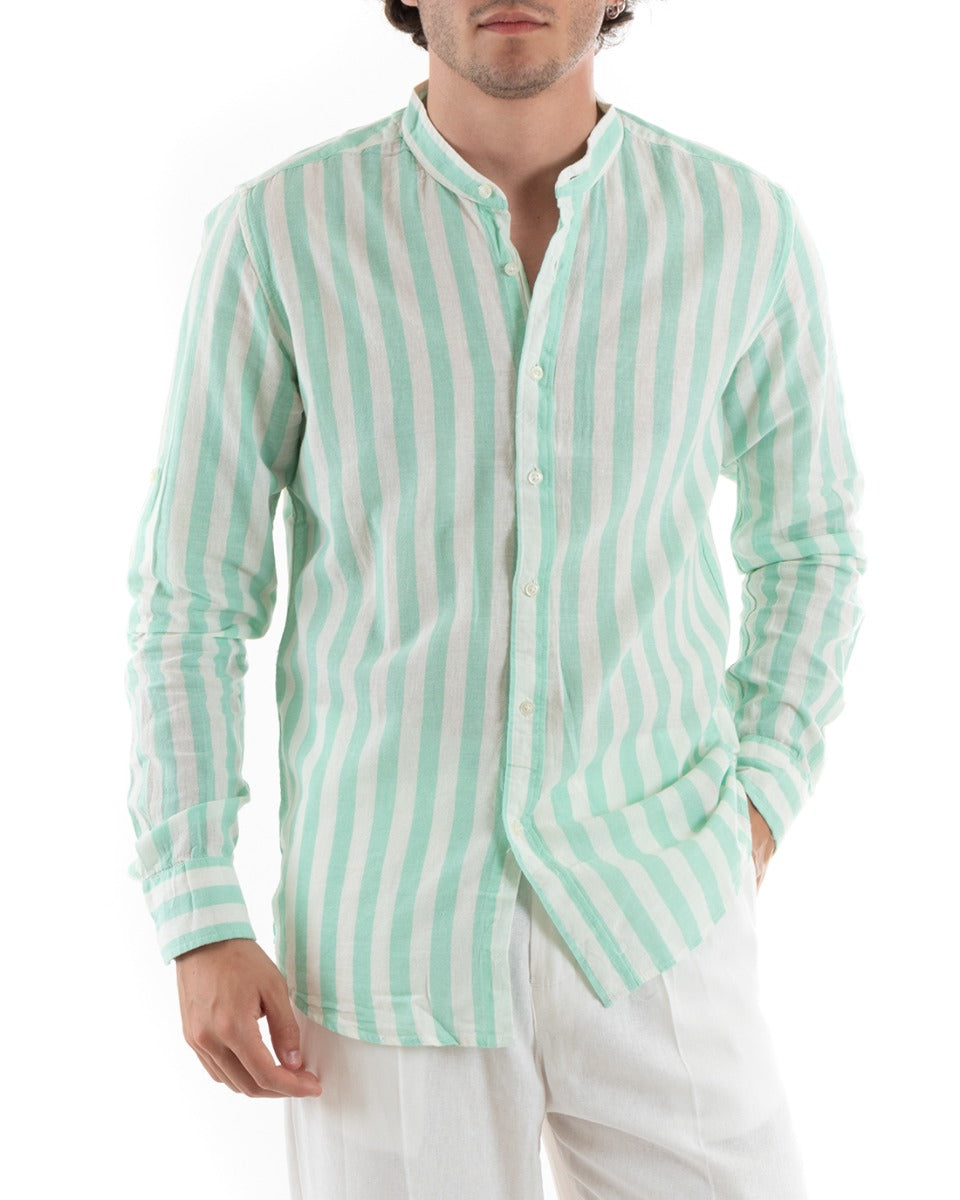 Men's Mandarin Collar Shirt Long Sleeve Striped Linen Casual Water Green GIOSAL-C2751A