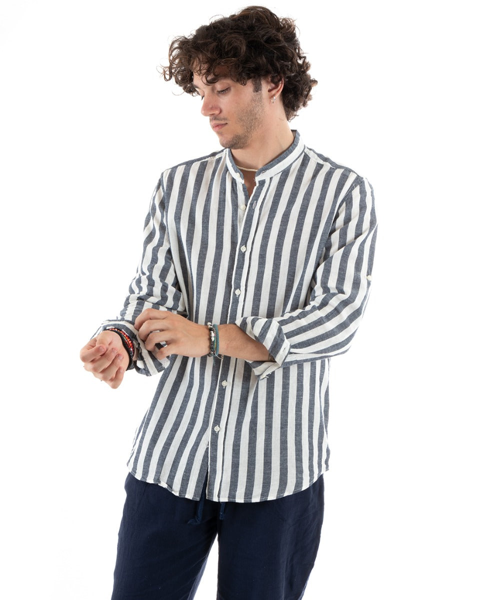 Men's Korean Collar Shirt Long Sleeve Striped Linen Casual Blue GIOSAL-C2752A