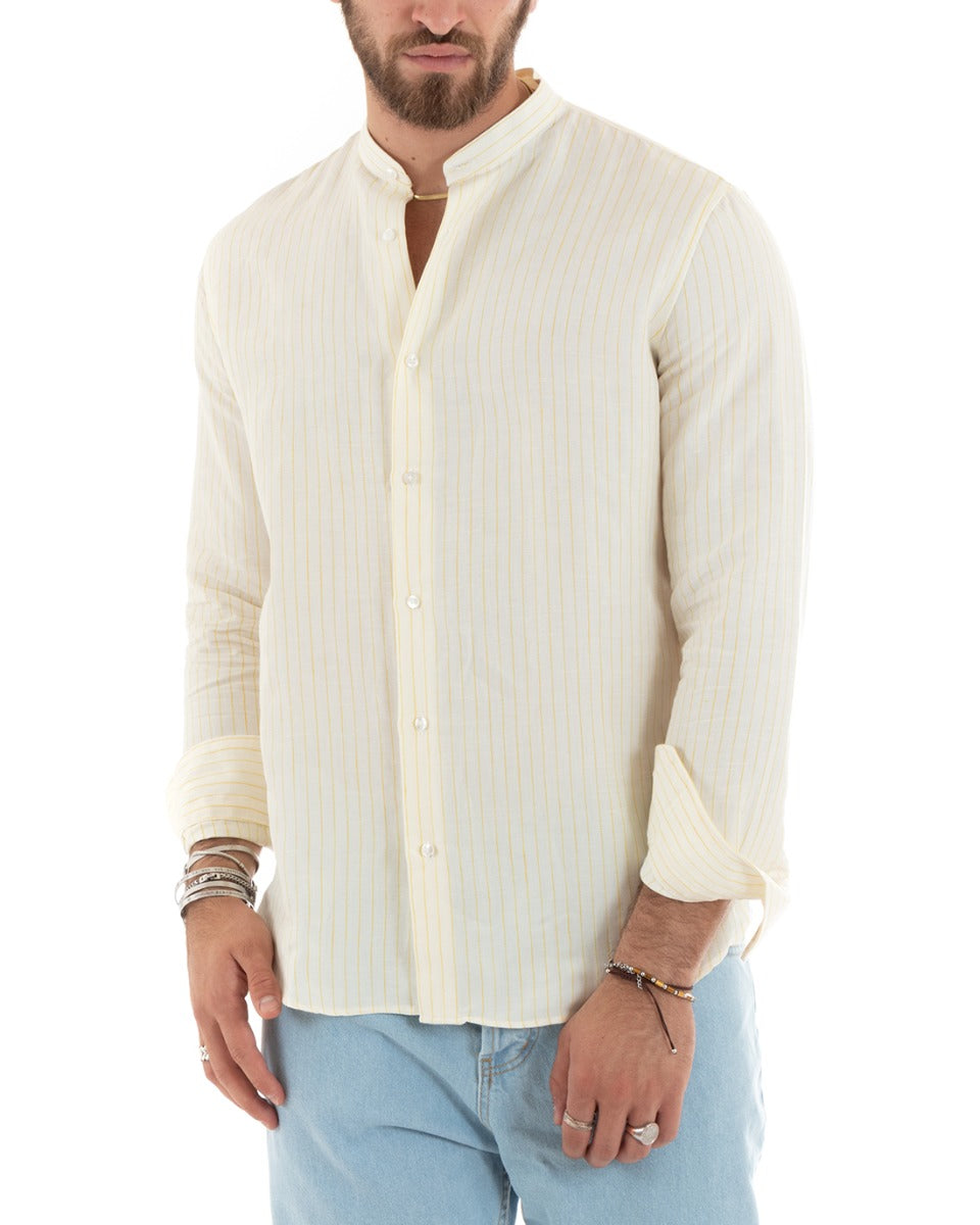 Men's Mandarin Collar Shirt Long Sleeve Linen Cotton Striped Yellow GIOSAL-C2753A