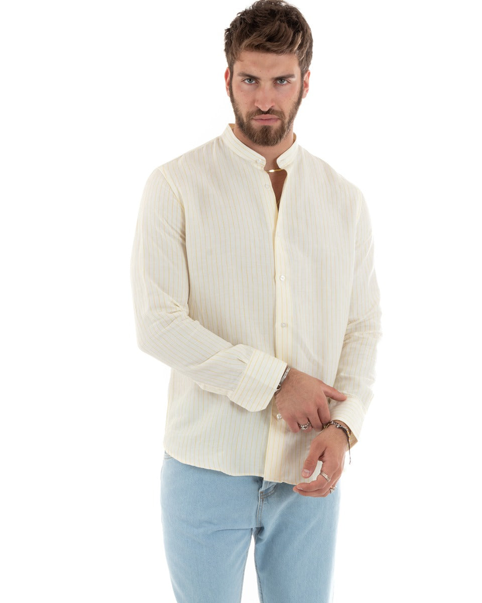 Men's Mandarin Collar Shirt Long Sleeve Linen Cotton Striped Yellow GIOSAL-C2753A