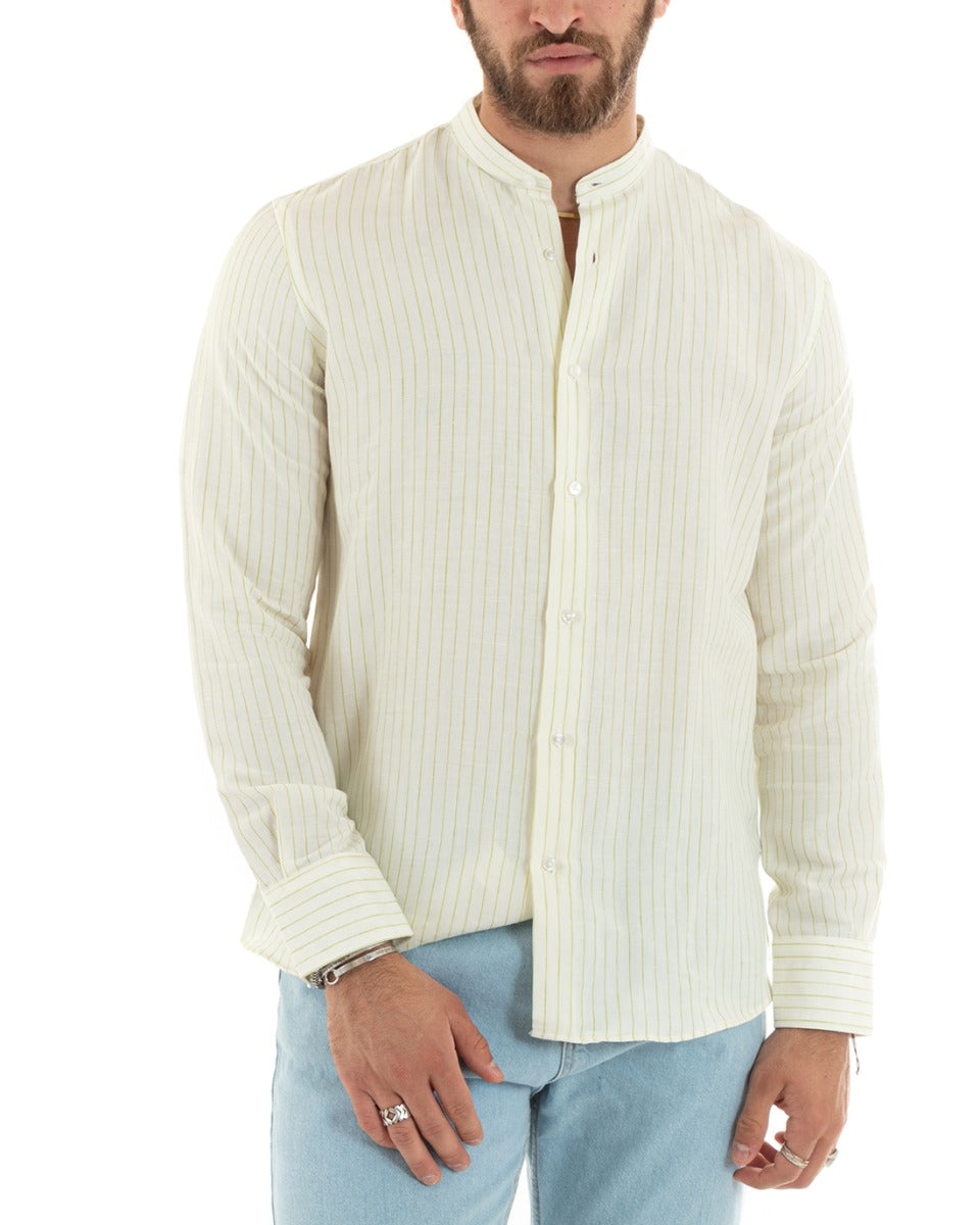 Men's Shirt Korean Collar Long Sleeve Linen Cotton Striped Green GIOSAL-C2754A