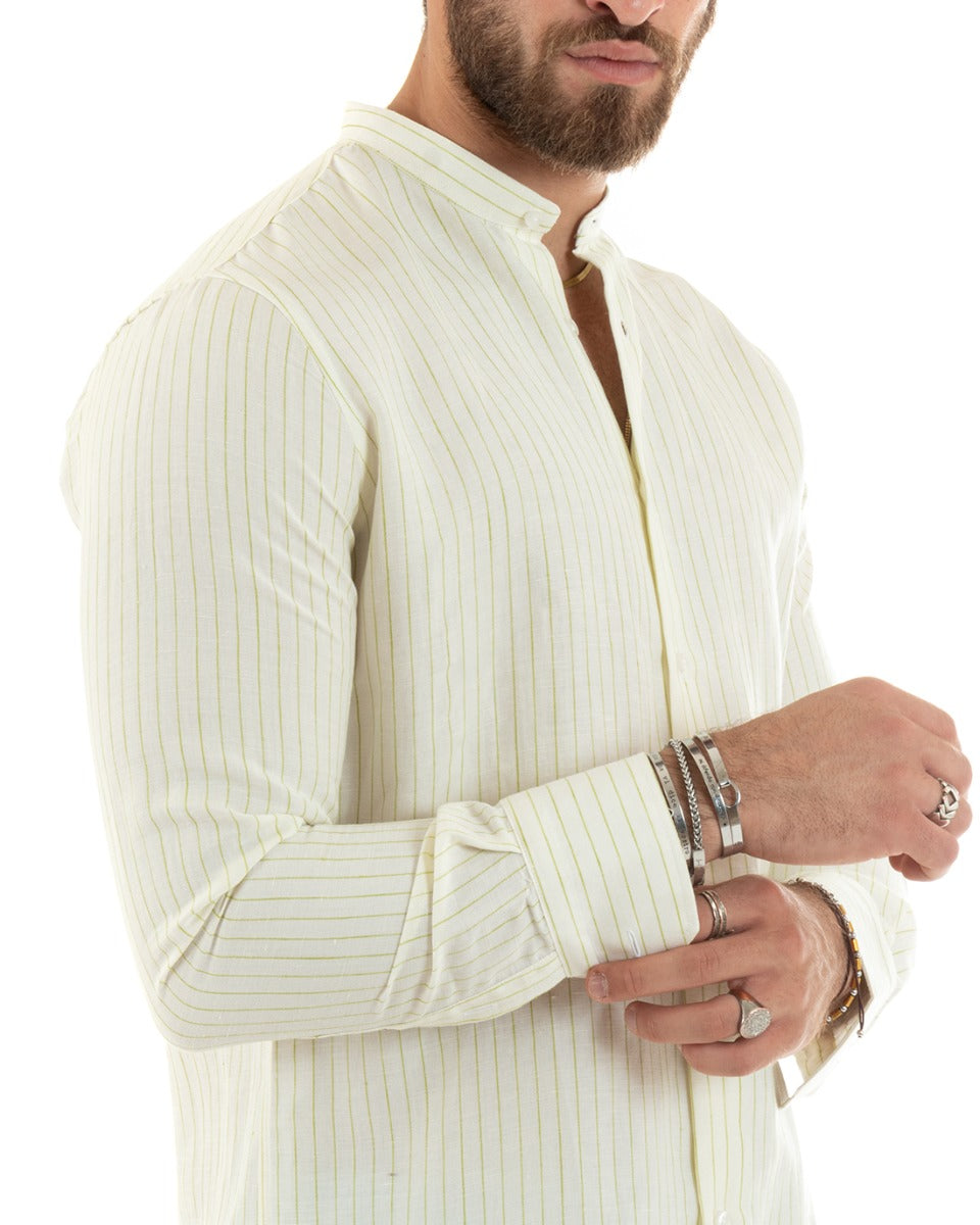Men's Shirt Korean Collar Long Sleeve Linen Cotton Striped Green GIOSAL-C2754A