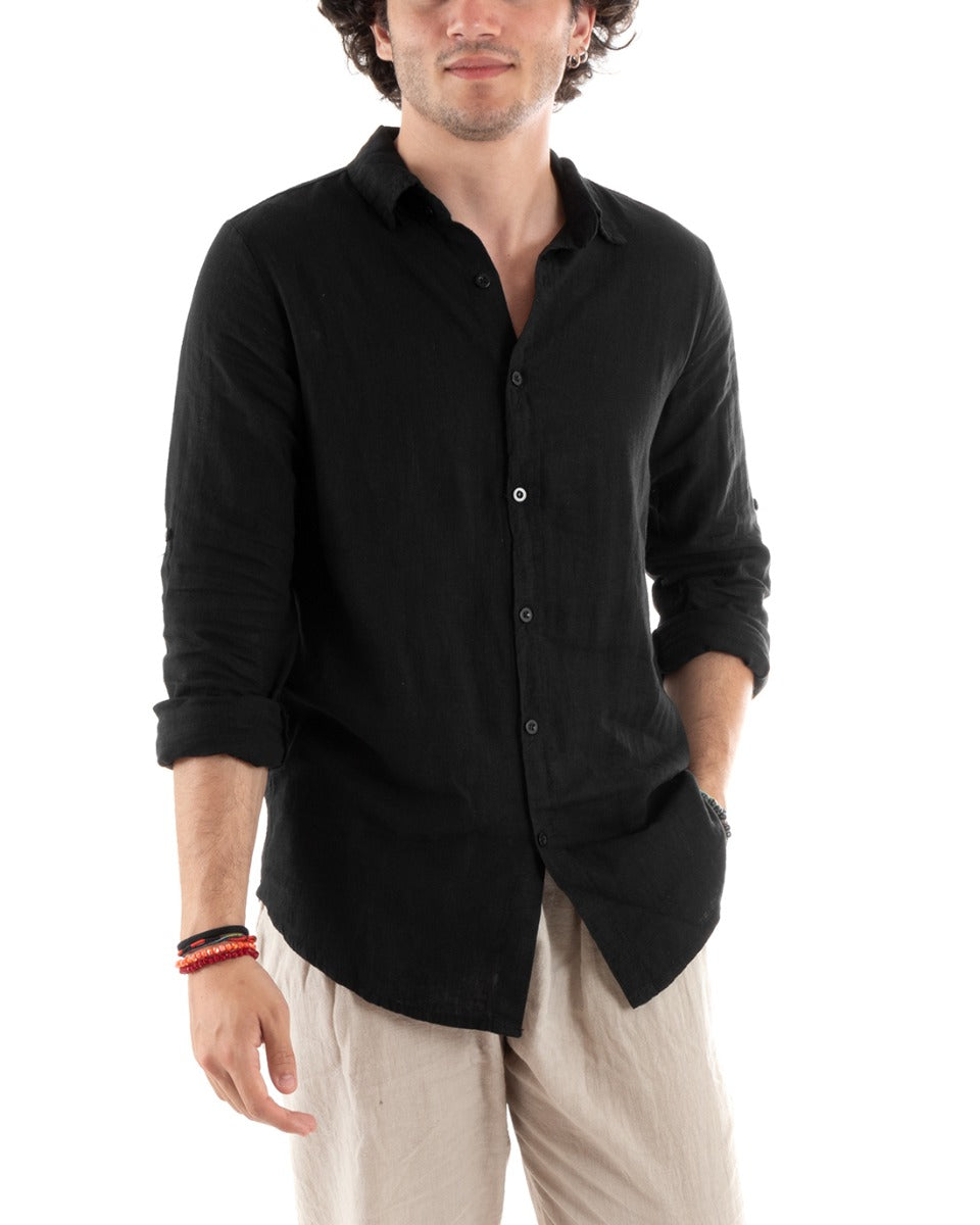 Men's Shirt With Collar Slim Fit Linen Solid Color Long Sleeves Black GIOSAL-C2755A