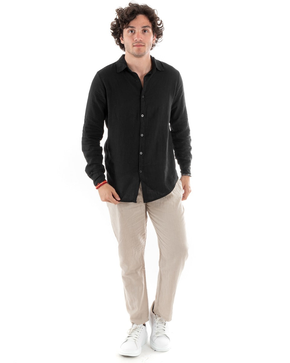 Camicia Uomo Con Colletto Slim Fit Lino Tinta Unita Maniche Lunghe Nero GIOSAL-C2755A