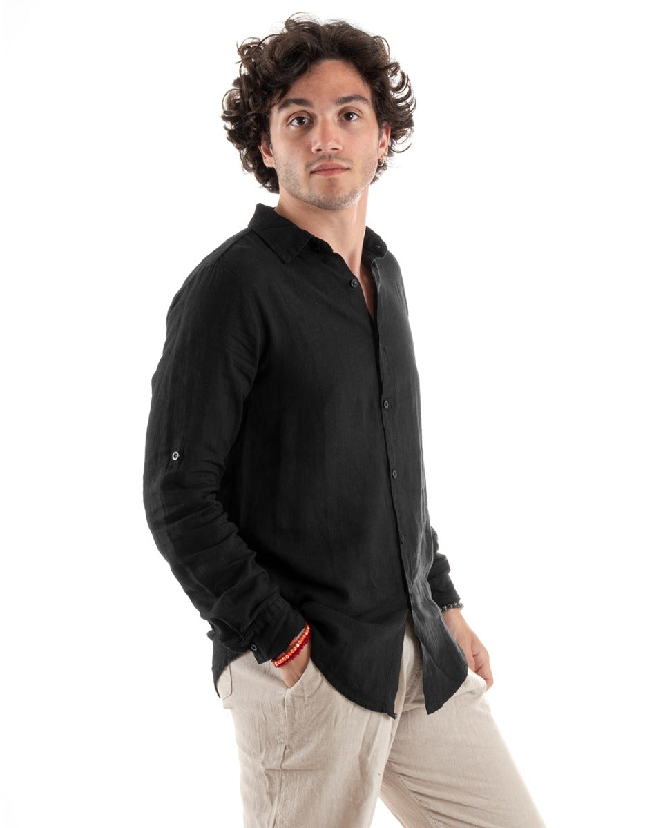 Camicia Uomo Con Colletto Slim Fit Lino Tinta Unita Maniche Lunghe Nero GIOSAL-C2755A