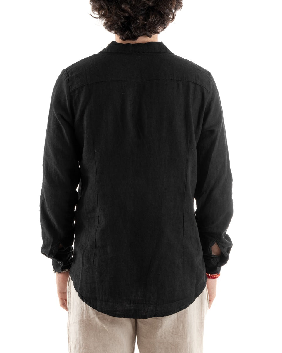 Men's Shirt With Collar Slim Fit Linen Solid Color Long Sleeves Black GIOSAL-C2755A