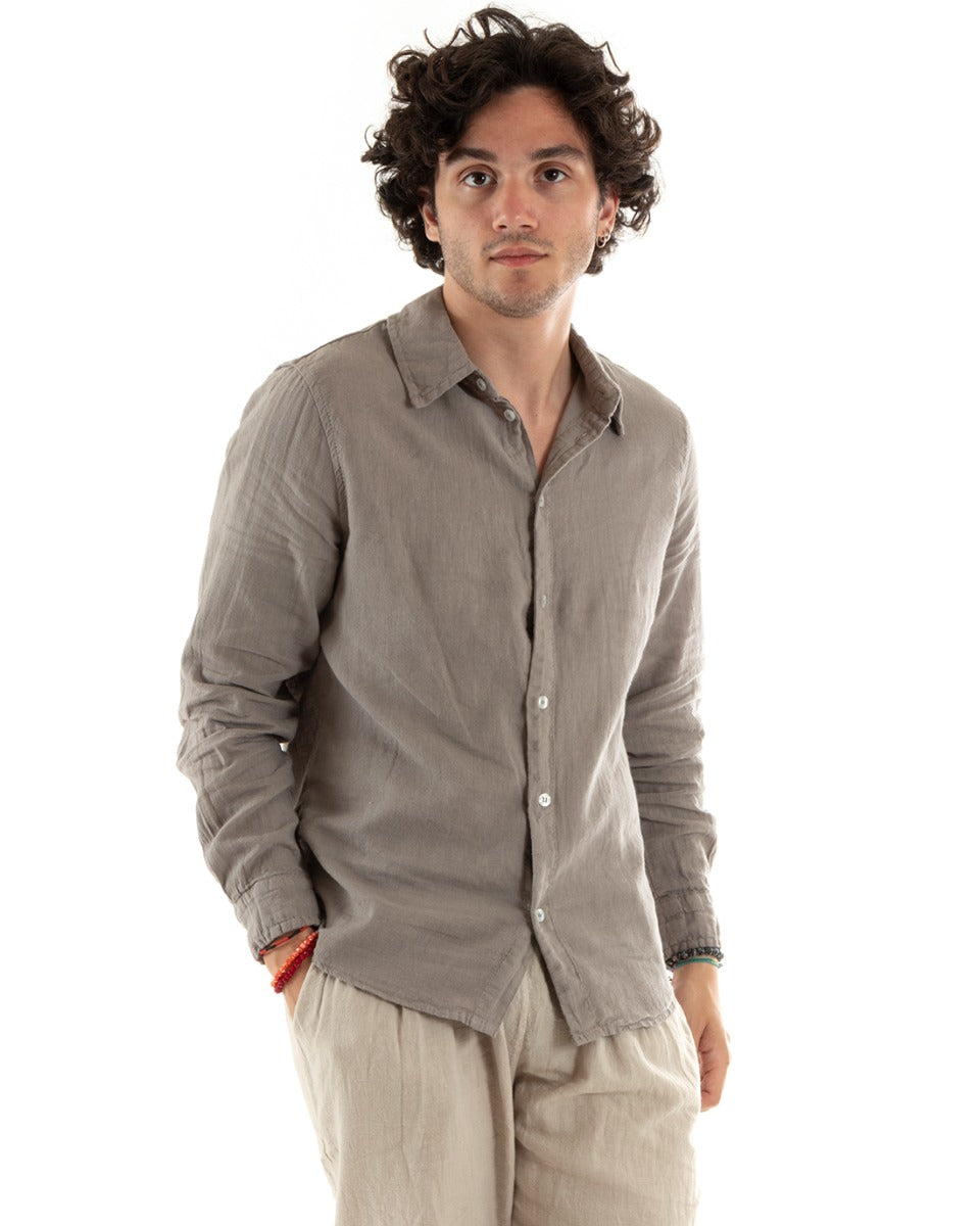 Men's Shirt With Collar Slim Fit Linen Solid Color Long Sleeves Mud GIOSAL-C2756A