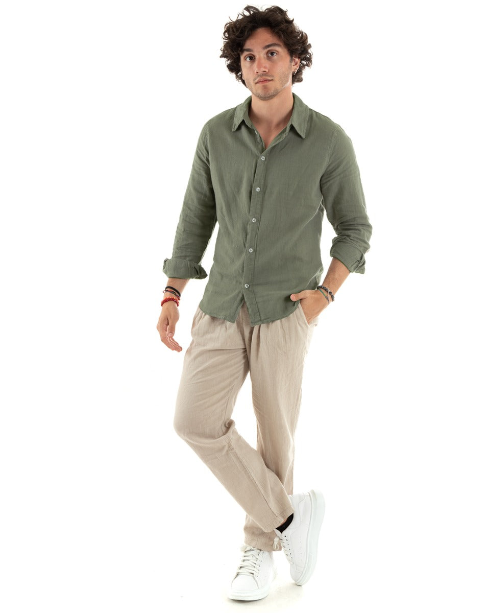Men's Shirt With Collar Slim Fit Linen Solid Color Long Sleeves Green GIOSAL-C2757A