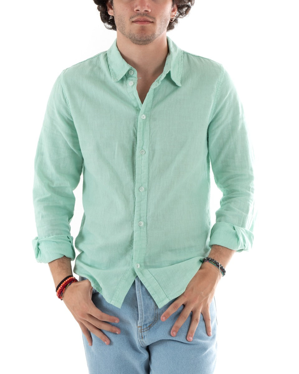 Men's Shirt With Collar Slim Fit Linen Solid Color Long Sleeves Aqua Green GIOSAL-C2758A