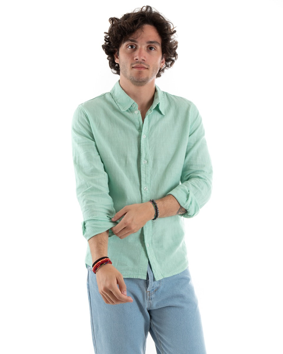 Men's Shirt With Collar Slim Fit Linen Solid Color Long Sleeves Aqua Green GIOSAL-C2758A