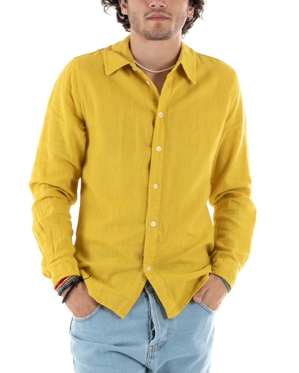 Camicia Uomo Lino Con Colletto Collo Francese Slim Fit Basic Morbida Lavata Tinta Unita Senape GIOSAL-C2760A