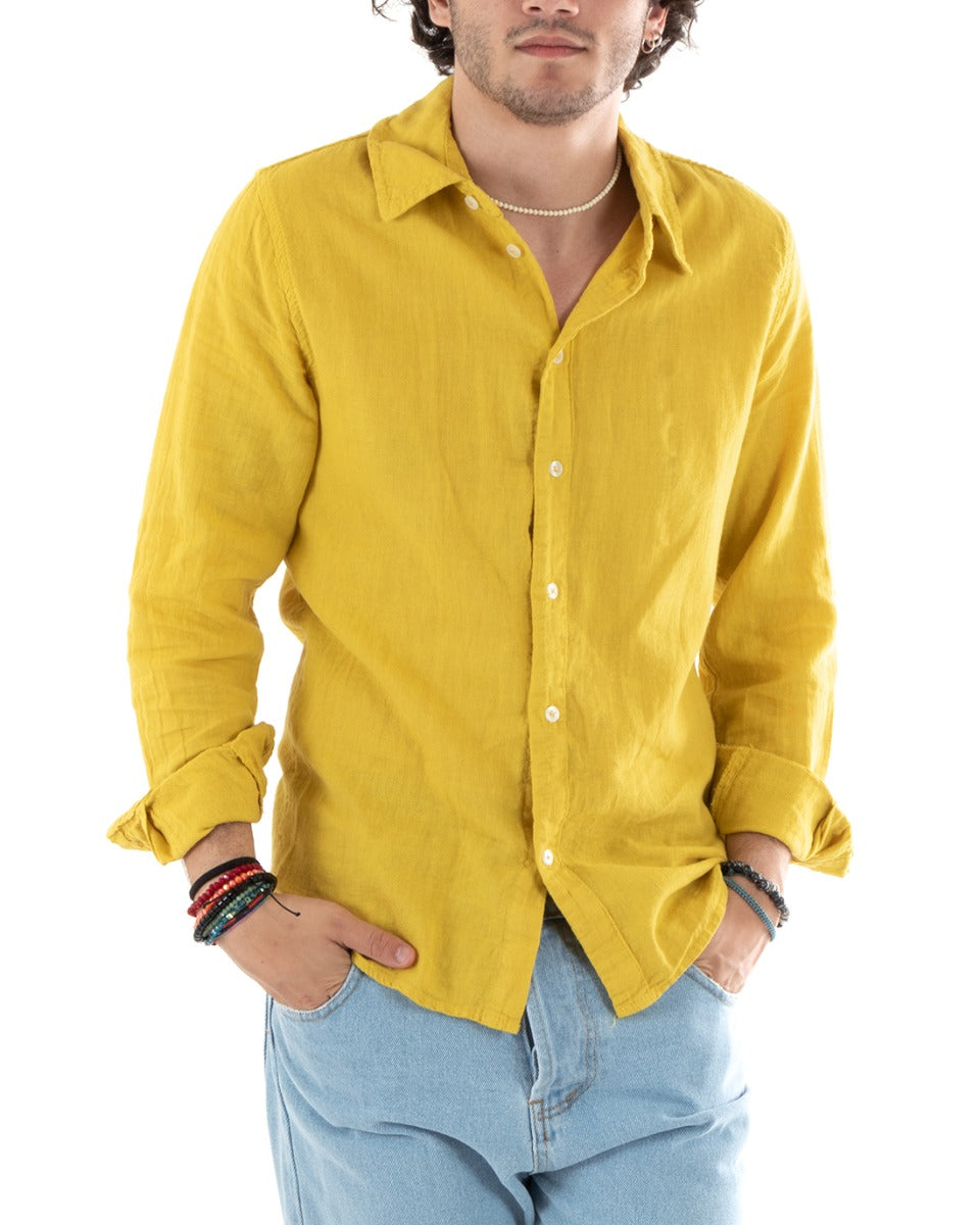 Camicia Uomo Lino Con Colletto Collo Francese Slim Fit Basic Morbida Lavata Tinta Unita Senape GIOSAL-C2760A