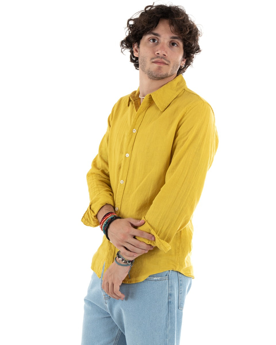 Camicia Uomo Lino Con Colletto Collo Francese Slim Fit Basic Morbida Lavata Tinta Unita Senape GIOSAL-C2760A