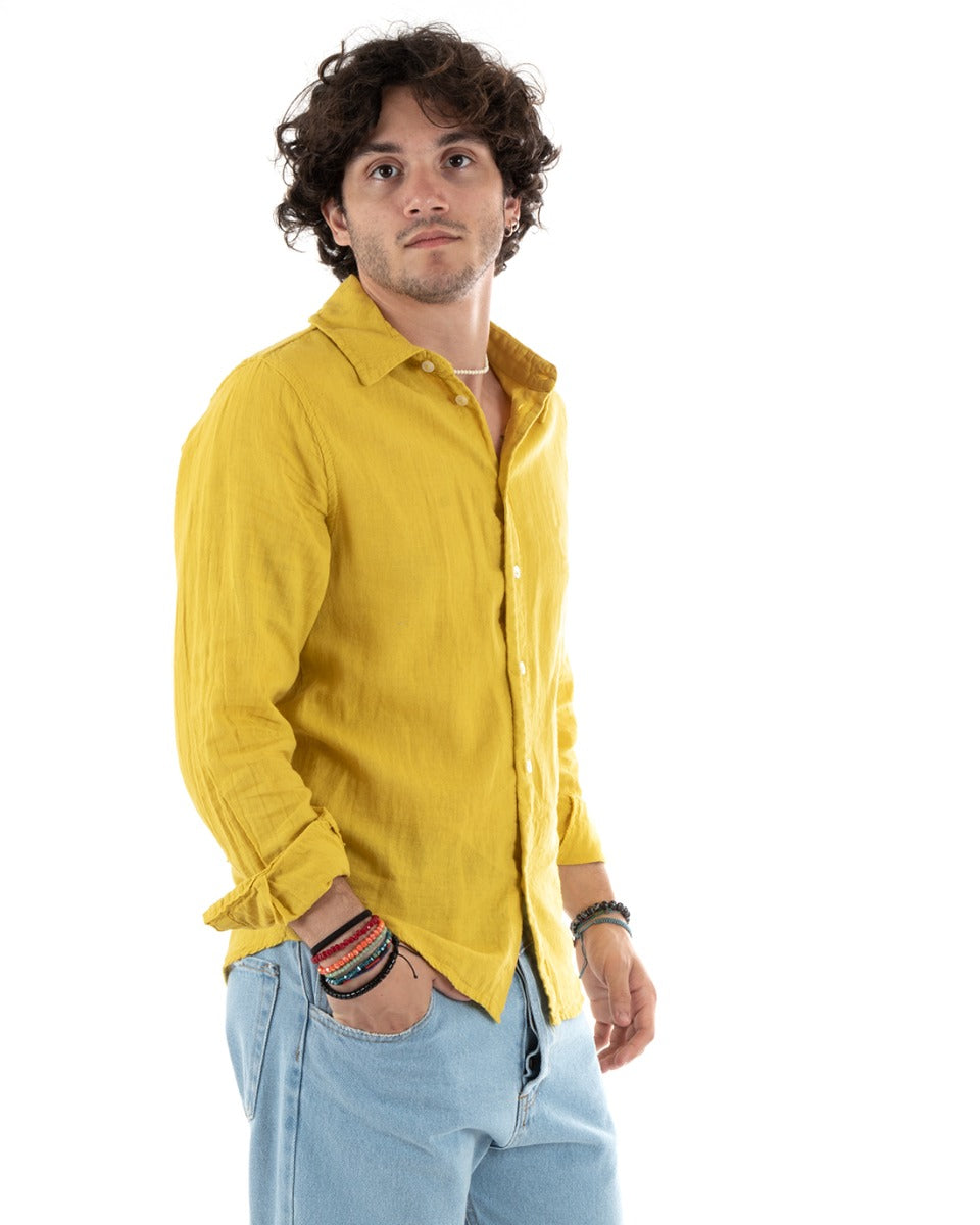 Camicia Uomo Lino Con Colletto Collo Francese Slim Fit Basic Morbida Lavata Tinta Unita Senape GIOSAL-C2760A