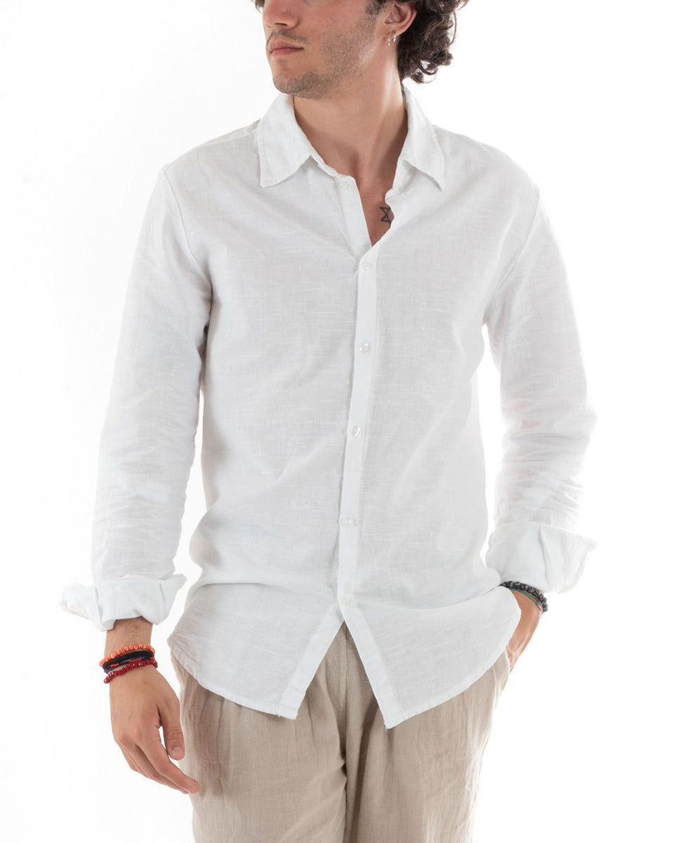 Men's Shirt With Collar Slim Fit Linen Solid Color Long Sleeves White GIOSAL-C2761A