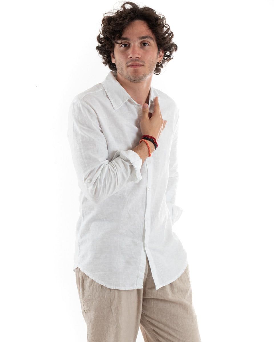 Men's Shirt With Collar Slim Fit Linen Solid Color Long Sleeves White GIOSAL-C2761A