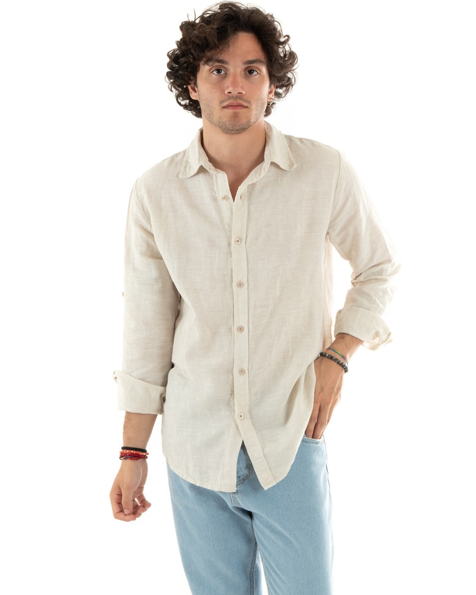 Camicia Uomo Con Colletto Slim Fit Lino Tinta Unita Maniche Lunghe Beige GIOSAL-C2762A