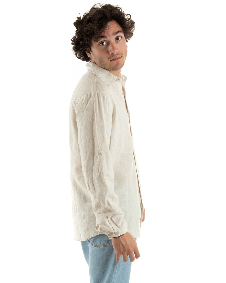 Men's Shirt With Collar Slim Fit Linen Solid Color Long Sleeves Beige GIOSAL-C2762A