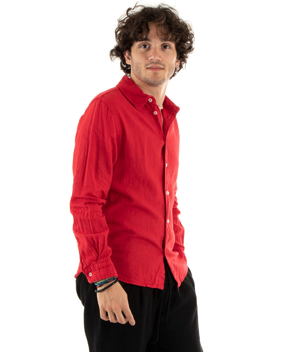 Men's Shirt With Collar Slim Fit Linen Solid Color Long Sleeves Red GIOSAL-C2763A
