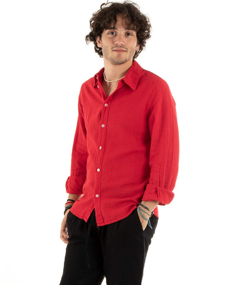 Camicia Uomo Con Colletto Slim Fit Lino Tinta Unita Maniche Lunghe Rosso GIOSAL-C2763A