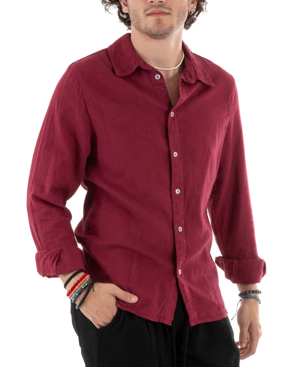 Men's Shirt With Collar Slim Fit Linen Solid Color Long Sleeves Bordeaux GIOSAL-C2764A